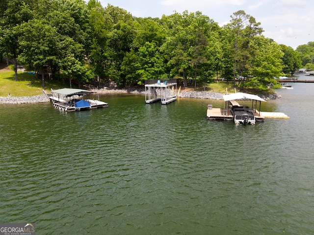 view of dock with a water view