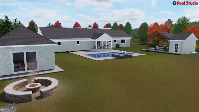 view of pool with a gazebo, a patio, an outdoor fire pit, and a lawn