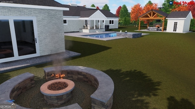 exterior space with a gazebo, an outdoor structure, and an outdoor fire pit