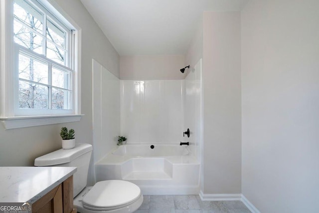 full bathroom featuring vanity, shower / bathtub combination, and toilet