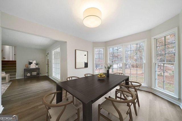 dining space with a wealth of natural light and dark hardwood / wood-style flooring