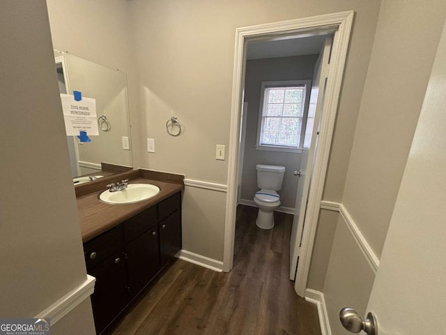 bathroom with vanity, wood-type flooring, and toilet