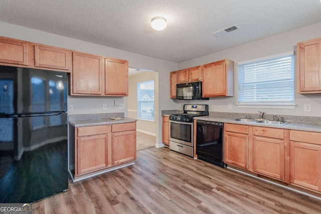 kitchen featuring a wealth of natural light, sink, black appliances, and light wood-type flooring