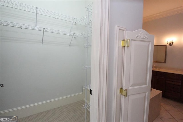 bathroom featuring ornamental molding, a walk in closet, and tile patterned floors