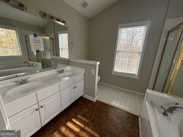 full bathroom featuring tile patterned flooring, plus walk in shower, lofted ceiling, and a wealth of natural light