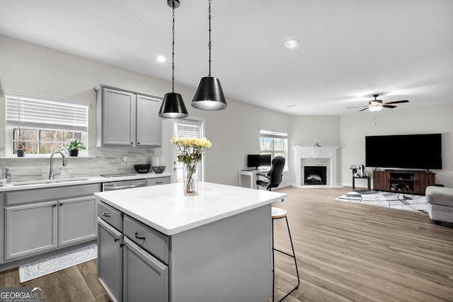 kitchen featuring plenty of natural light, a center island, a premium fireplace, and sink