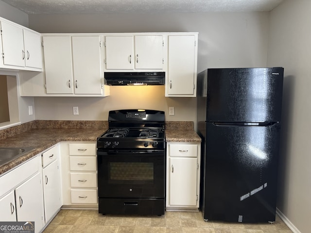 6268 Marbut Farms Trl, Lithonia, GA 30058 - kitchen with black appliances, exhaust hood, white cabinets, and dark countertops