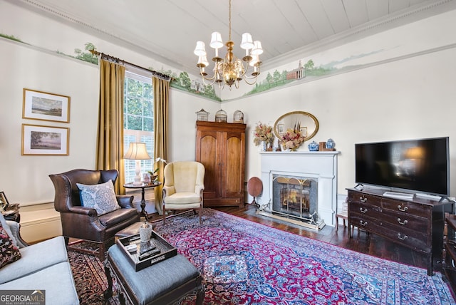 living room with dark hardwood / wood-style floors, crown molding, and a chandelier