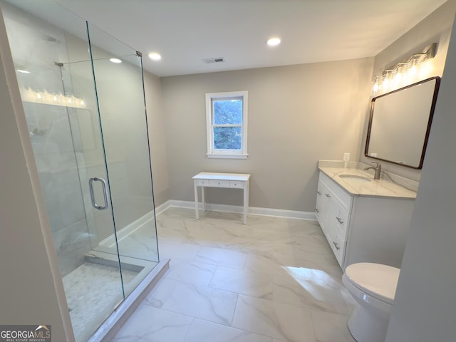 bathroom with visible vents, a shower stall, marble finish floor, vanity, and recessed lighting