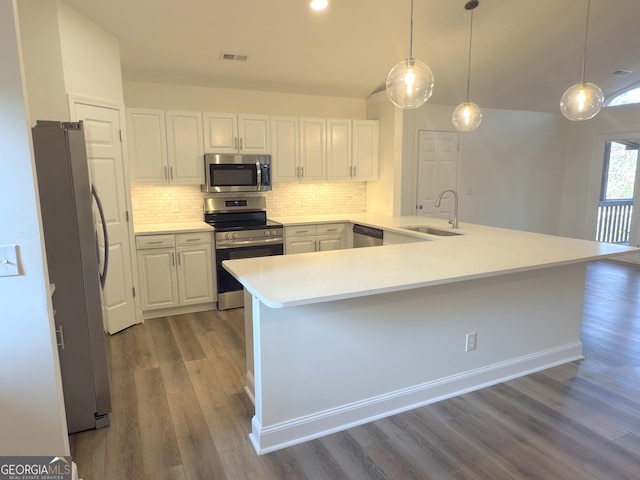 kitchen featuring hanging light fixtures, sink, stainless steel appliances, and light hardwood / wood-style floors