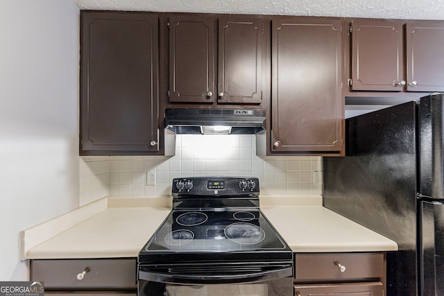 kitchen featuring backsplash, dark brown cabinets, and black appliances