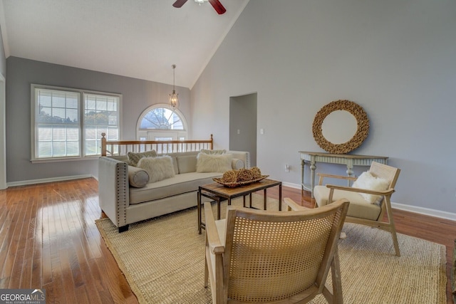 1103 Etowah Valley Ln, Woodstock, GA 30189 - living room with a ceiling fan, wood-type flooring, and high vaulted ceiling