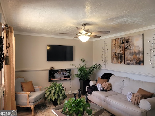 living room with a textured ceiling, ceiling fan, and ornamental molding