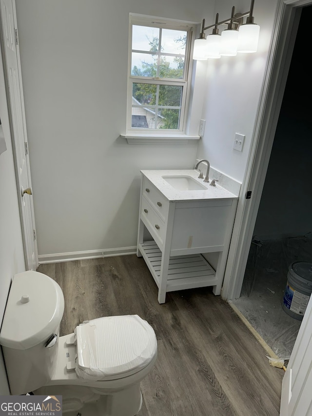 bathroom featuring vanity, wood-type flooring, and toilet