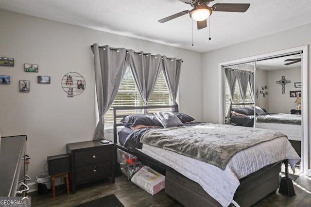 bedroom with dark hardwood / wood-style flooring, multiple windows, and ceiling fan