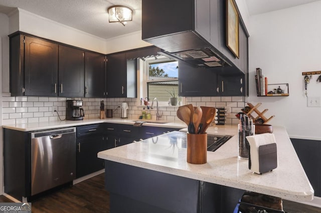 kitchen with dishwasher, dark hardwood / wood-style floors, ornamental molding, and sink