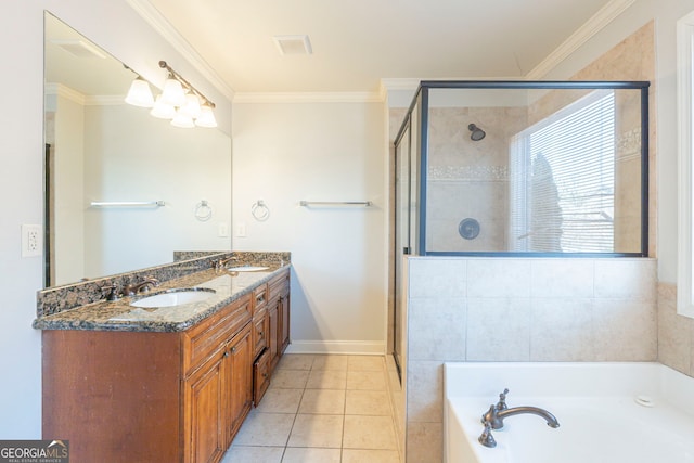 bathroom featuring tile patterned flooring, crown molding, independent shower and bath, and vanity