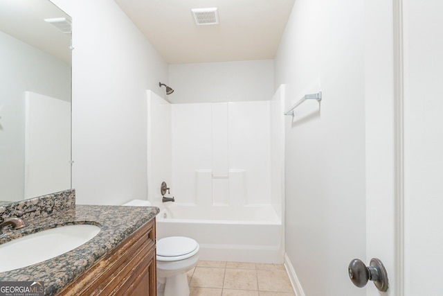 full bathroom with vanity, toilet, shower / washtub combination, and tile patterned flooring