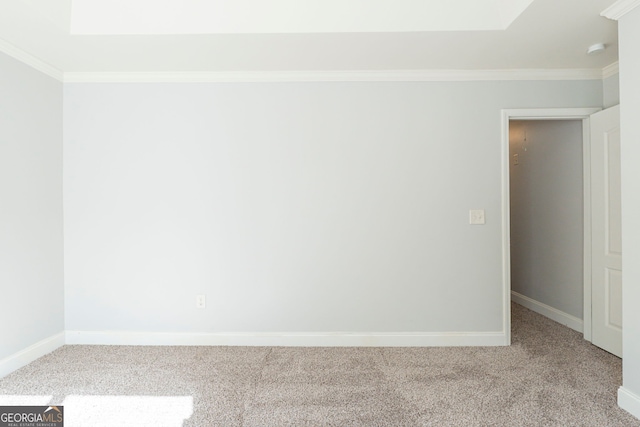 empty room with crown molding and light carpet