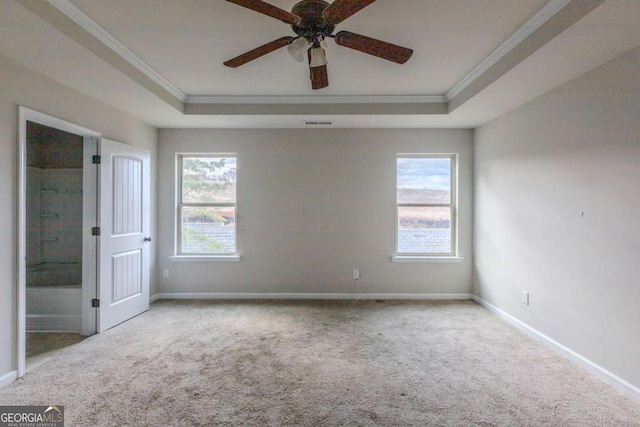 unfurnished room featuring a tray ceiling, a healthy amount of sunlight, and ornamental molding