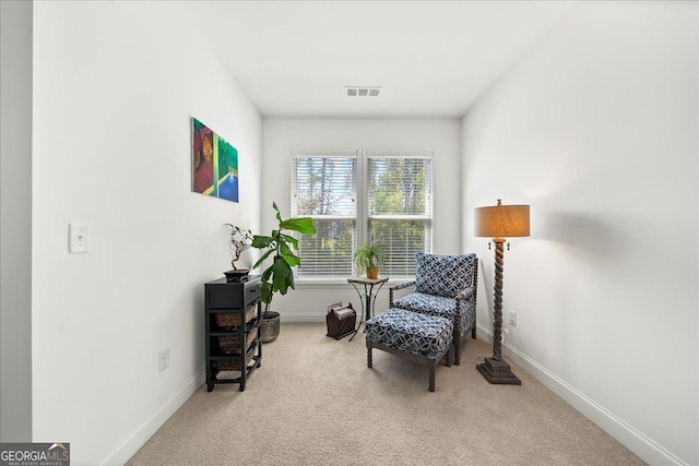 sitting room featuring carpet flooring