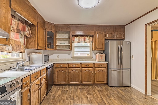 kitchen with sink, dark wood-type flooring, stainless steel appliances, and ornamental molding