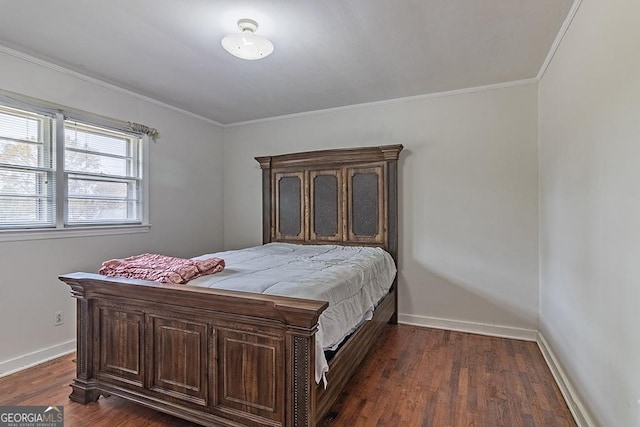 bedroom with ornamental molding and dark wood-type flooring