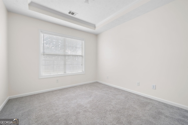 carpeted empty room featuring a tray ceiling, ornamental molding, and a textured ceiling