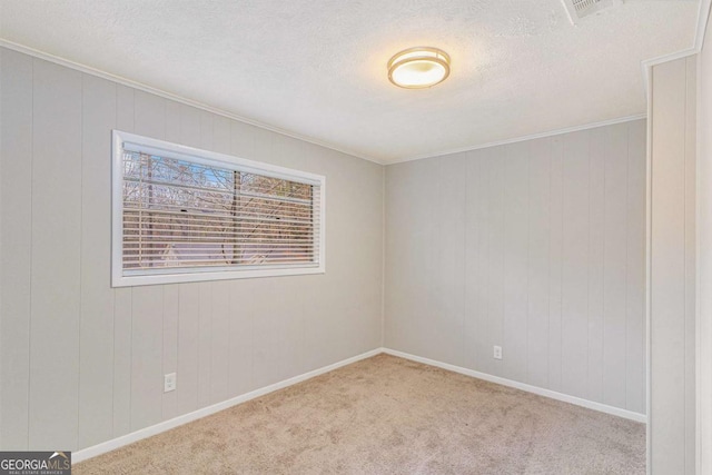 carpeted empty room with wood walls and a textured ceiling