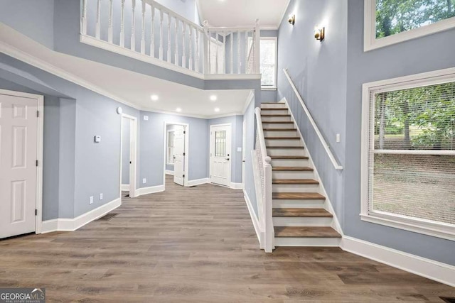 foyer entrance featuring a wealth of natural light, wood-type flooring, and ornamental molding