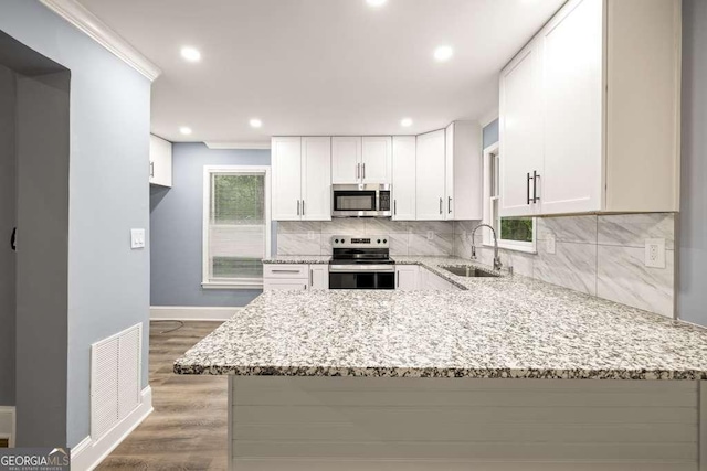 kitchen with appliances with stainless steel finishes, white cabinetry, light stone counters, and sink