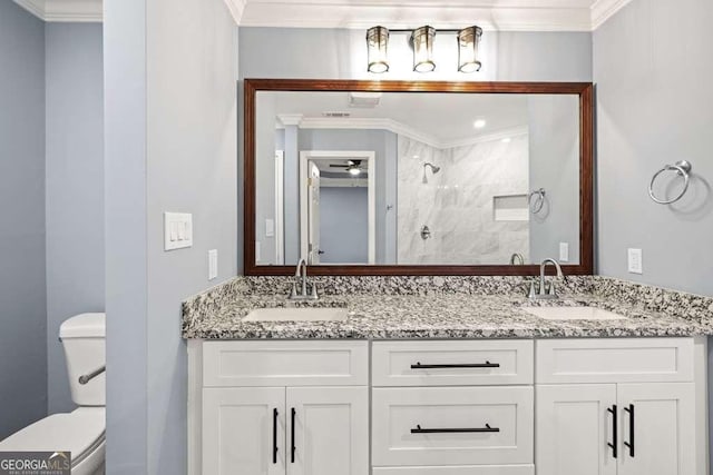 bathroom with ceiling fan, walk in shower, crown molding, toilet, and vanity