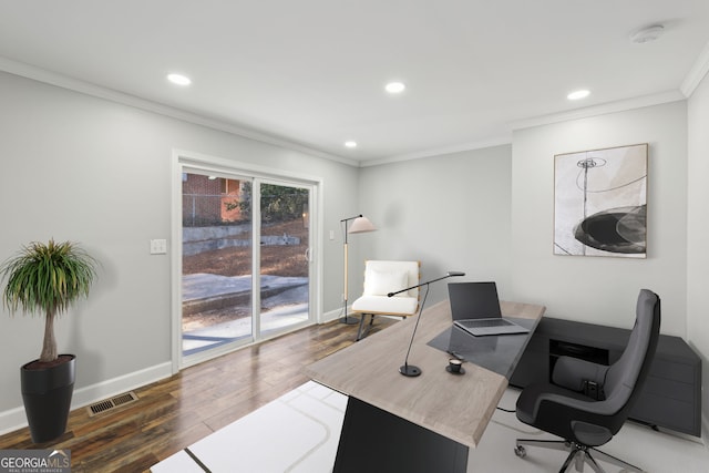 office featuring dark hardwood / wood-style flooring and ornamental molding