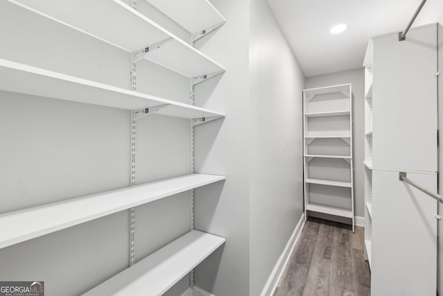 walk in closet with dark wood-type flooring