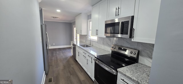 kitchen featuring sink, white cabinets, stainless steel appliances, and dark hardwood / wood-style floors