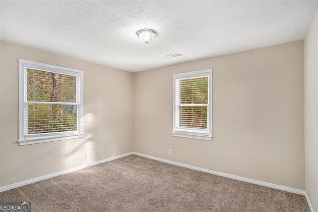 carpeted spare room with a textured ceiling