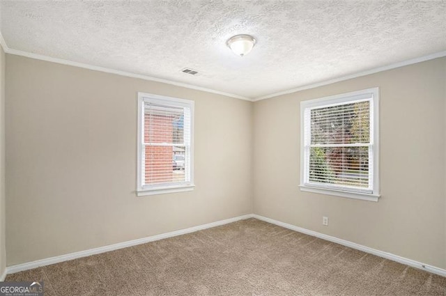 carpeted spare room with ornamental molding and a textured ceiling