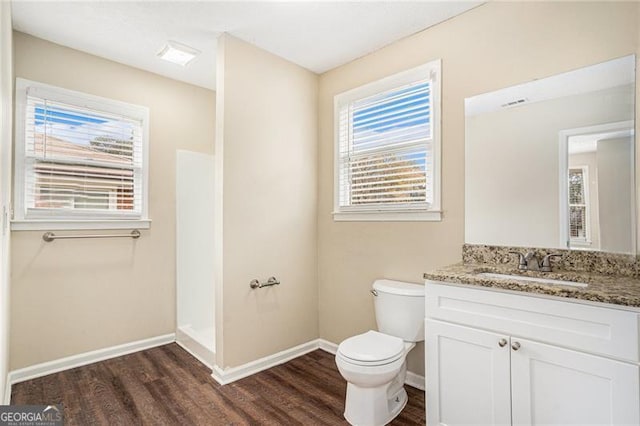 bathroom featuring hardwood / wood-style floors, plenty of natural light, a shower, and vanity