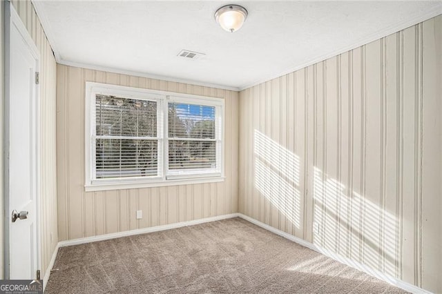 empty room with carpet and crown molding