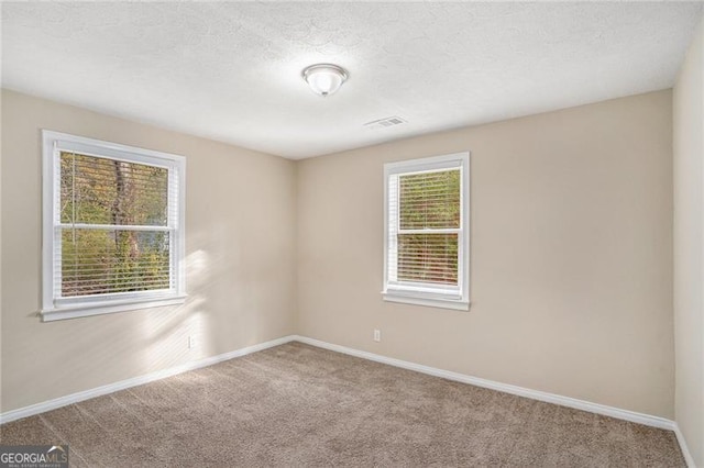 unfurnished room featuring carpet and a textured ceiling