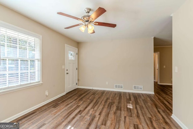 entrance foyer featuring ceiling fan and dark hardwood / wood-style flooring