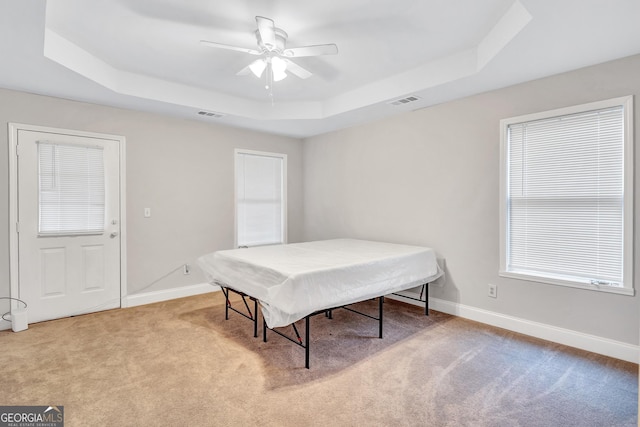 carpeted bedroom with a raised ceiling and ceiling fan