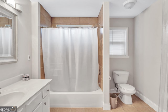 full bathroom with tile patterned flooring, vanity, shower / bath combination with curtain, and toilet