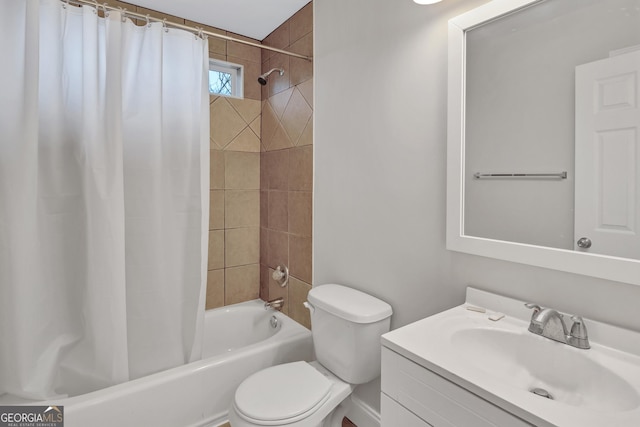 full bathroom with shower / bathtub combination with curtain, vanity, and toilet