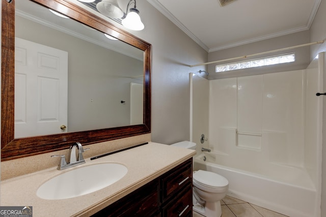 full bathroom featuring vanity, crown molding, shower / washtub combination, tile patterned flooring, and toilet