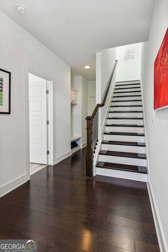 staircase with hardwood / wood-style flooring