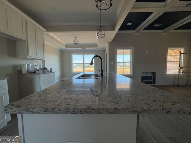 kitchen with crown molding, sink, decorative light fixtures, white cabinets, and dark hardwood / wood-style floors