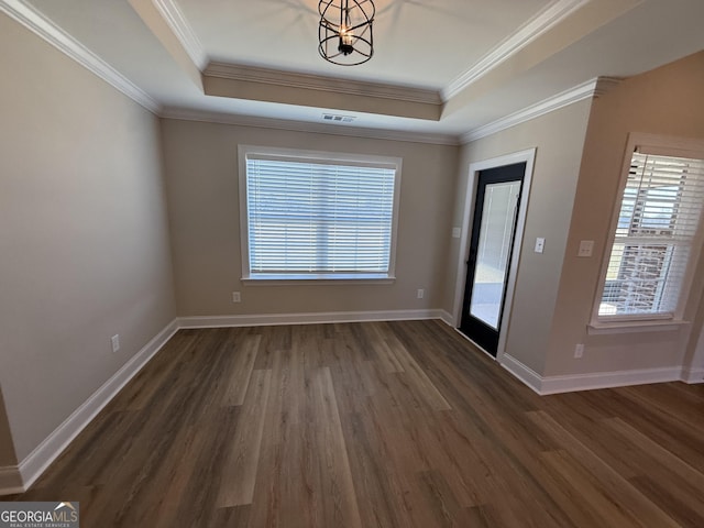 unfurnished room featuring visible vents, a tray ceiling, and a wealth of natural light