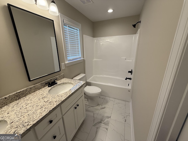 full bath with toilet, recessed lighting, vanity, marble finish floor, and shower / washtub combination