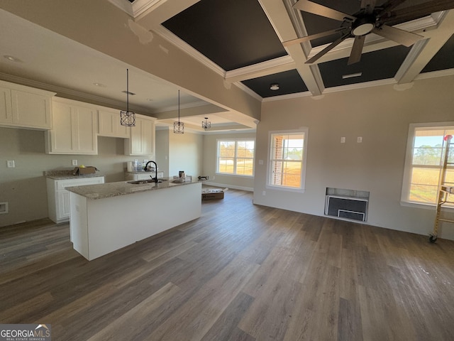 kitchen with dark wood-type flooring, sink, pendant lighting, a center island with sink, and white cabinetry